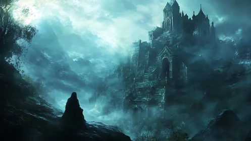Cloaked wanderer before mist shrouded gothic mountain citadel.