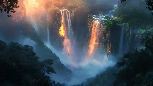Luminous jungle cataracts cascade into a mist-filled abyss