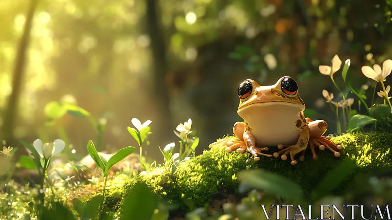 Tree frog on moss in soft forest light at ground level.