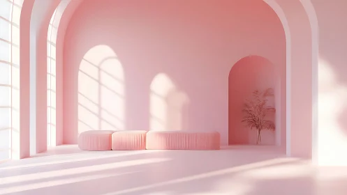 Minimalist Pink Interior: Arched Hallway with Monochromatic Seating