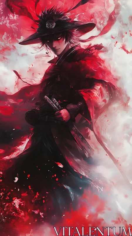 Blood-red ronin warrior in swirling abstract stormscape.