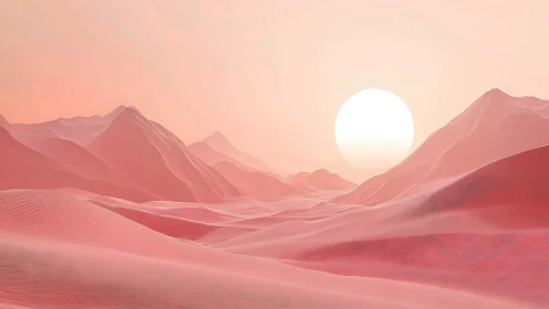 Minimal pink desert landscape with stylized sun and ridges.
