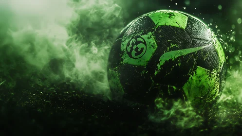 High-contrast green soccer ball rendered with wet-surface shading