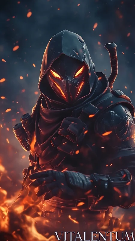 Hooded armored assassin with glowing eyes amid burning embers.