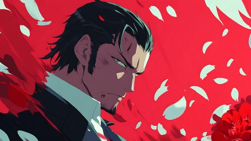 Anime portrait of stoic man with dynamic red petal field.