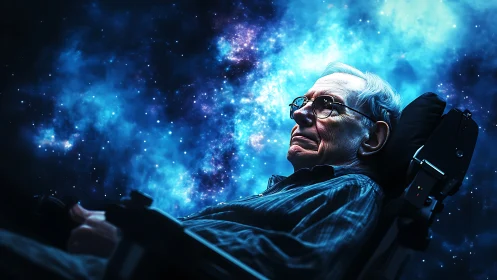 Elderly man in wheelchair rendered against luminous cosmic nebula