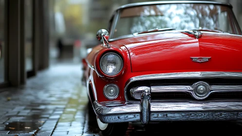 Red classic convertible gleams on rain-soaked city street.