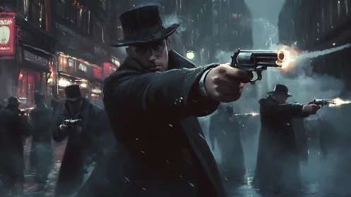 Gangster gunslinger leads smoky alley shootout at night
