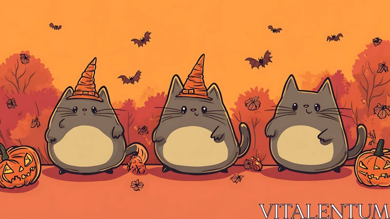 Halloween Wizard Cats with Jack-O-Lantern Pumpkins Autumn Scene