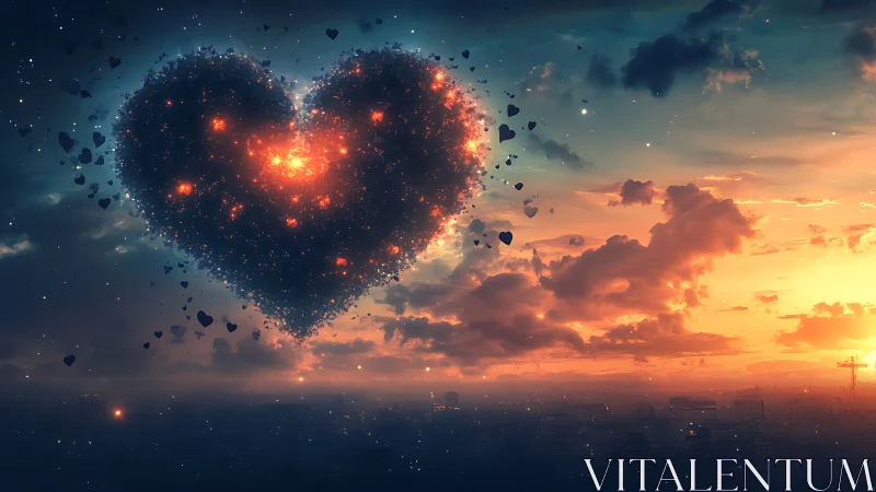 Luminous Heart Particles Exploding Through Celestial Sunset Atmosphere