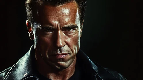 Strong leather clad man gazes forward with intense focus