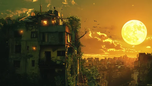 Decaying city tower glows beneath an enormous golden moon.