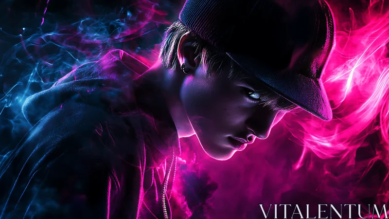 Moody portrait of hooded youth in neon pink smoke.