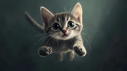 Digital illustration of gray tabby kitten with wide eyes against teal background