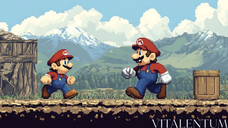 Pixel hero strides through a nostalgic mountain landscape