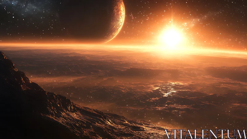 Radiant exoplanet sunrise over stratified rocky horizon with haze