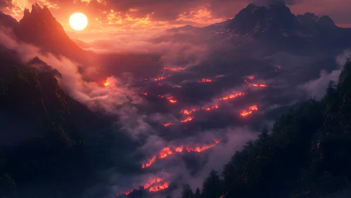 Majestic Mountain Valley Ablaze with Fiery Wilderness Wonder.