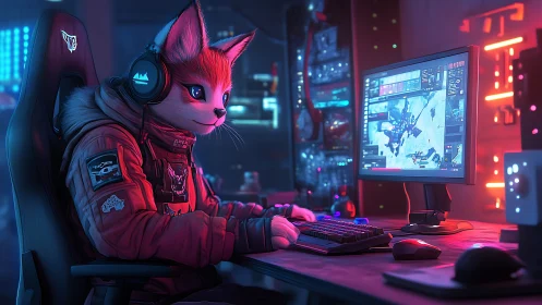 Anthropomorphic fox gamer at computer workstation in neon lab.