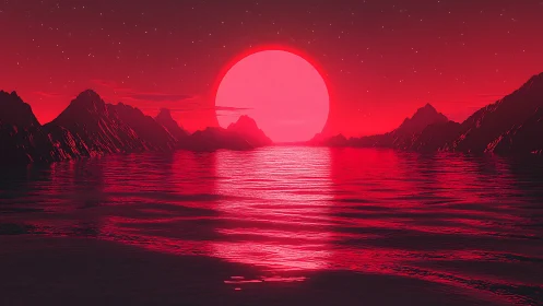 Red sun aligns over reflective water between dark ridges