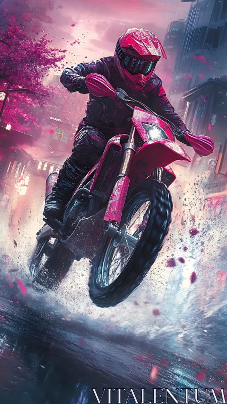 Neon storm rider shreds a rainlit cherry blossom street.