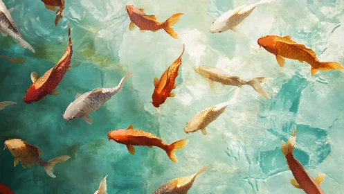 Sunlit koi gliding through tranquil turquoise water.