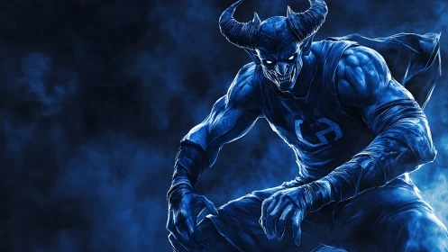 Horned blue demon warrior crouches in swirling ghostly smoke