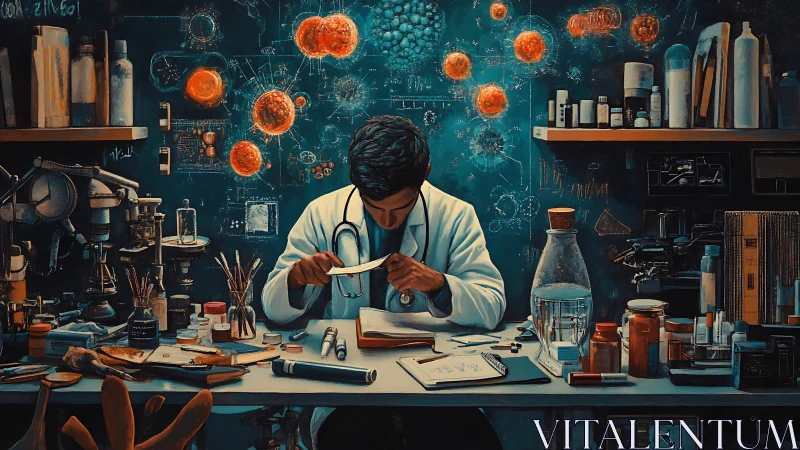 Scientist studies sample in cluttered lab with glowing cells