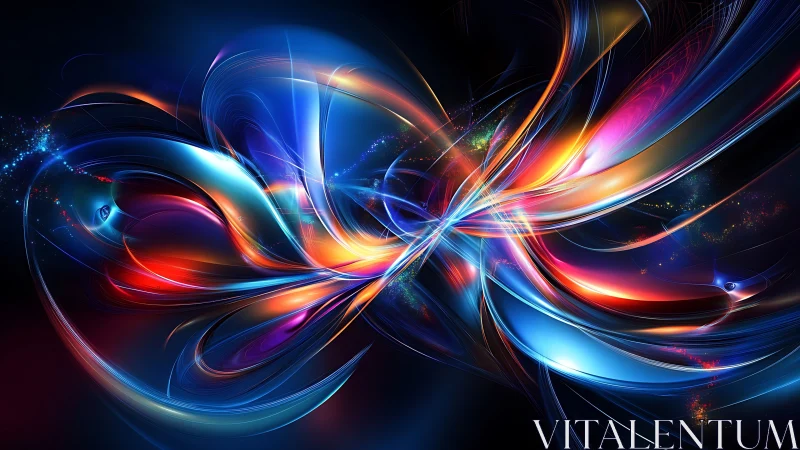 Vibrant abstract light ribbons on dark digital background.