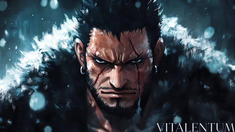 Storm-lit warrior meets the cold night with fierce resolve