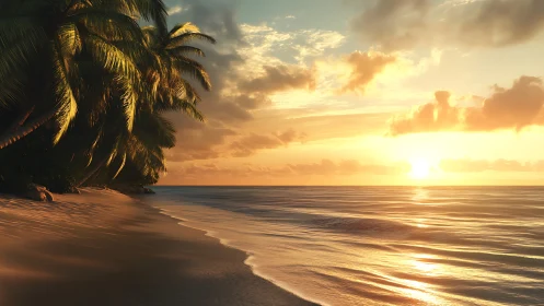 Calm tropical beach shoreline at sunset with soft surf glow.