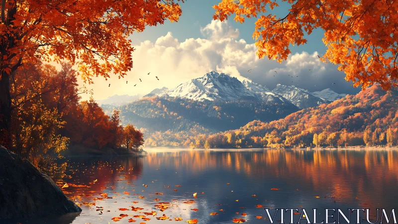 High dynamic range alpine lake with autumn foliage reflection