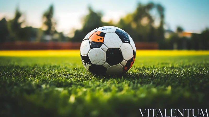 Sunlit soccer ball rests on fresh green field before play
