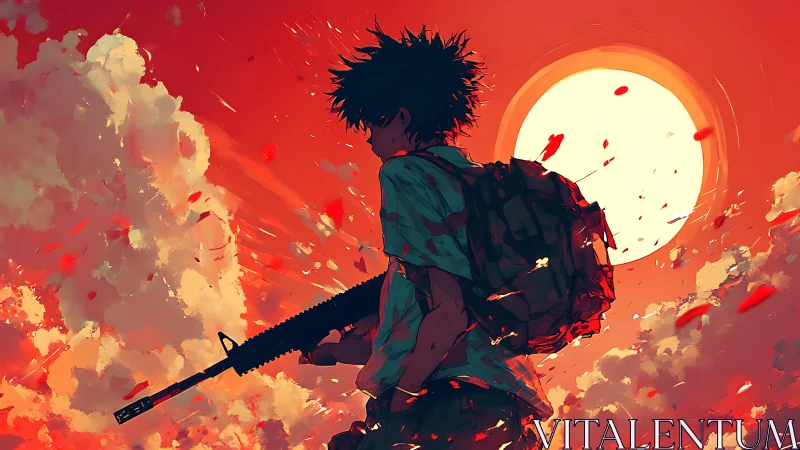 Silhouetted youth with rifle against red sunset sky.