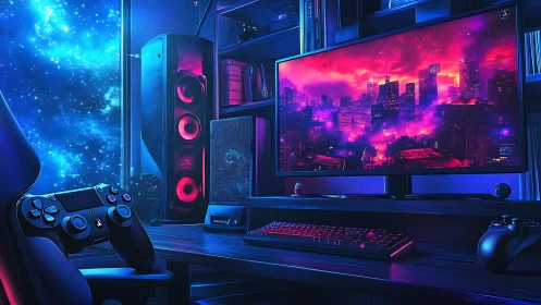 Neon-lit gaming battlestation with cosmic window backdrop.