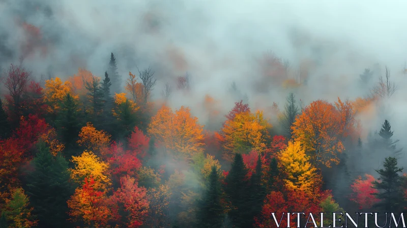 Autumn Forest Landscape with Fog and Layered Canopy