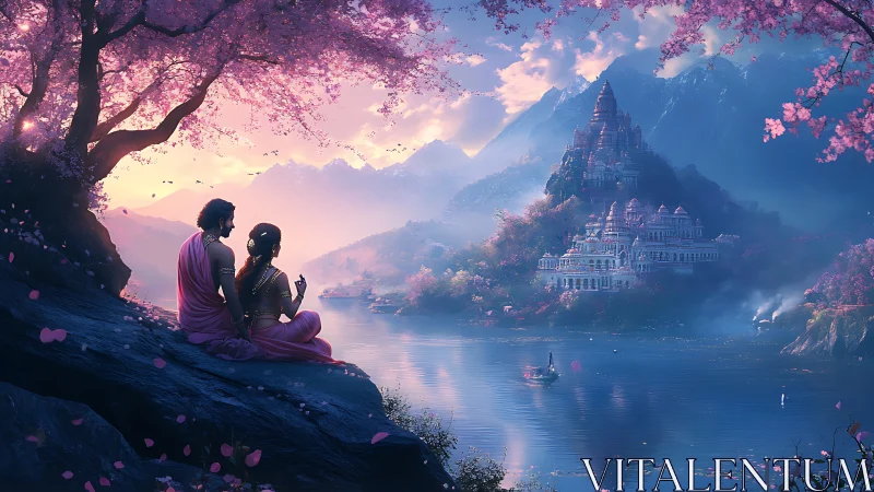 Lovers share a quiet sunrise above a mystical riverside palace