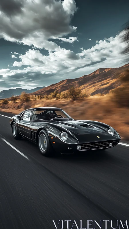 Black vintage sports car powers through desert highway