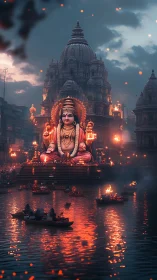 Monumental deity sculpture dominates dusk-lit riverside temple