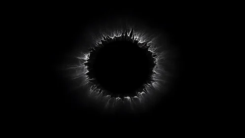 Black circular void ringed by sharp white energy streaks.