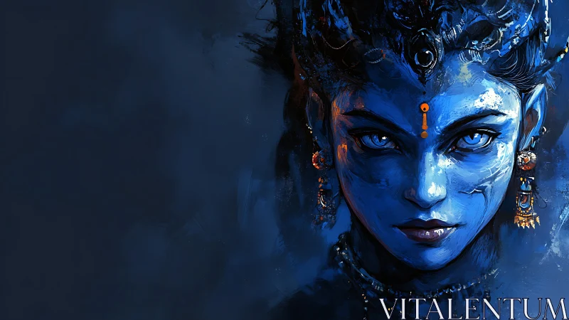 Blue-skinned digital portrait shows intense forward gaze