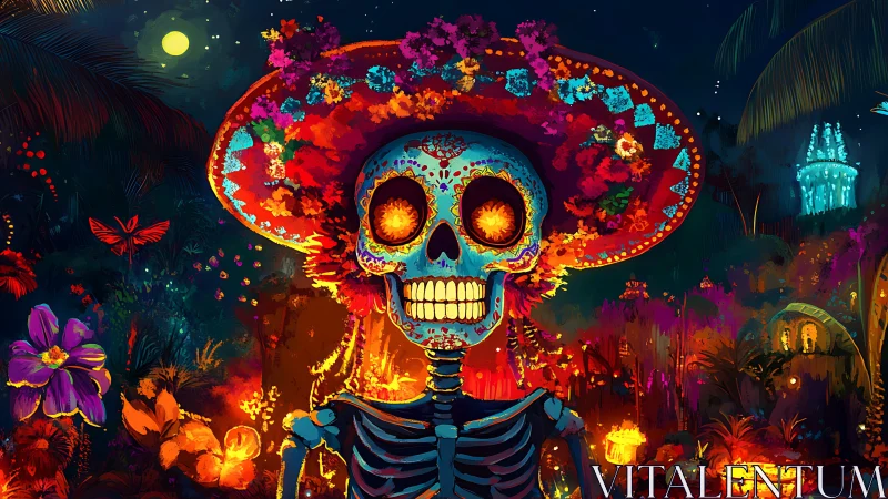 Skeleton with floral sombrero in nocturnal festival setting.