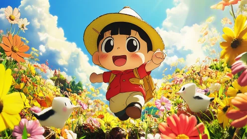 Joyful child runs through sunlit flower meadow in spring