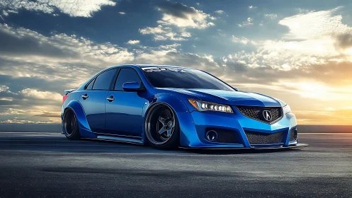 Lowered blue Acura sedan on open road at sunset.