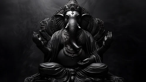 Serene black Ganesha sculpture in soft dramatic light.
