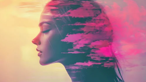 Glitched chromatic profile of meditative female visage rendered.