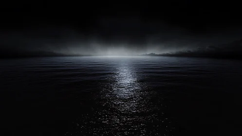 Dark ocean horizon under faint distant light source.