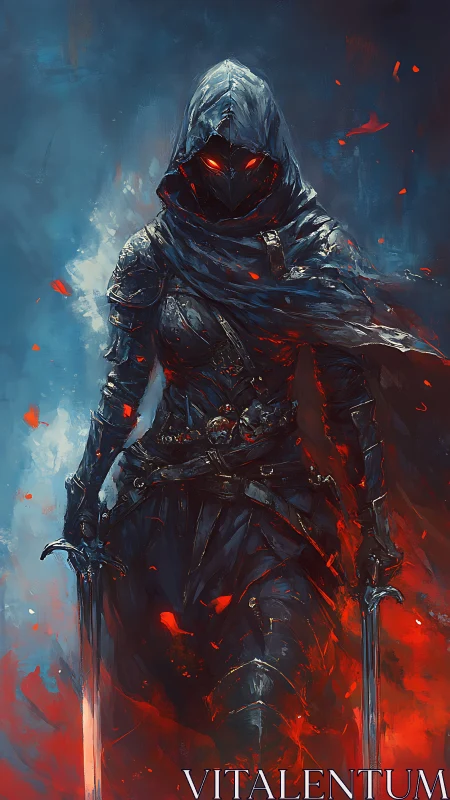 Hooded dual-wield warrior in dark armor with red glow.