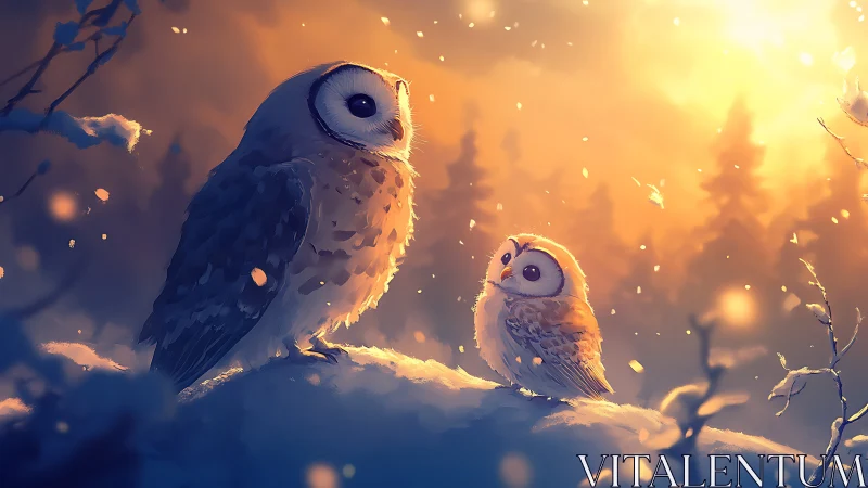 Two Owls on Snowy Branch at Sunset in Dreamy Digital Art.