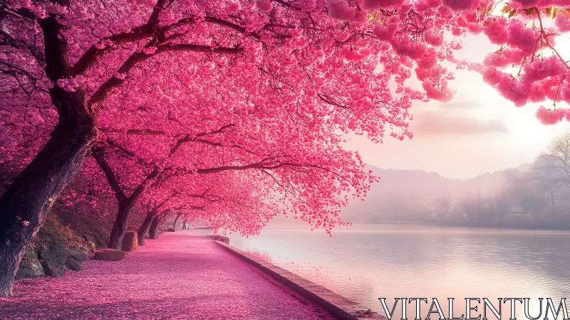 Riverside cherry blossoms under luminous pastel sunrise.