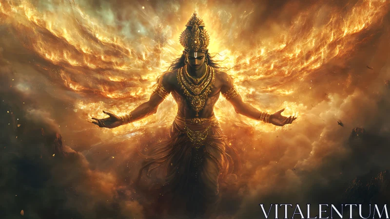 Mythic fire deity emerges from storm clouds in radiant symmetry